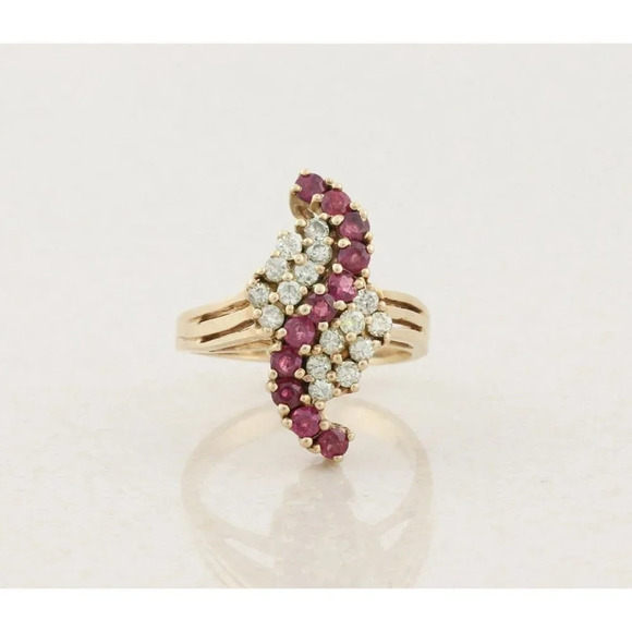 10k Yellow Gold Natural Ruby and Diamond Ring Size 6 3/4 Cluster Ring Waterfall - Picture 1 of 9